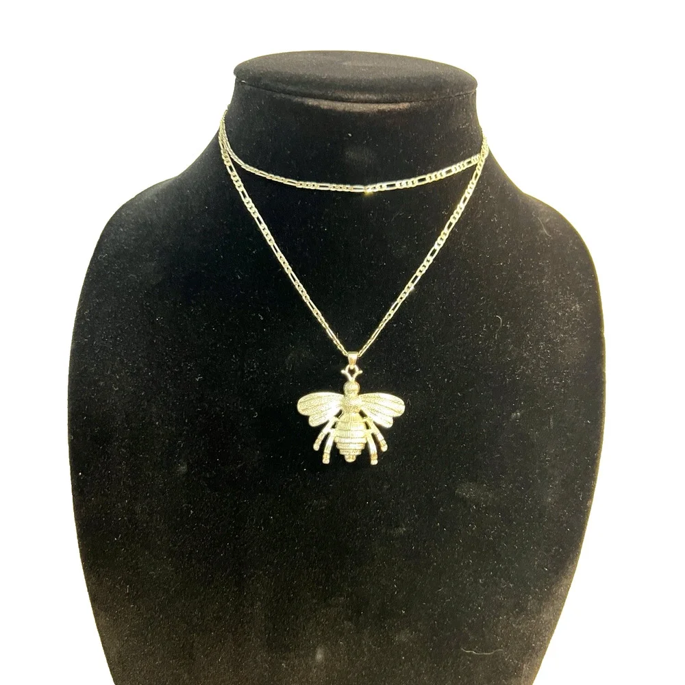 925 Sterling Silver Insect Bug Wasp Bee Pendant & Sterling Long Chain Necklace